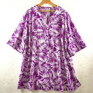 Catherines Womens Button Up Tunic Blouse‎ Sz 2X Purple Tropical Beachy Travel